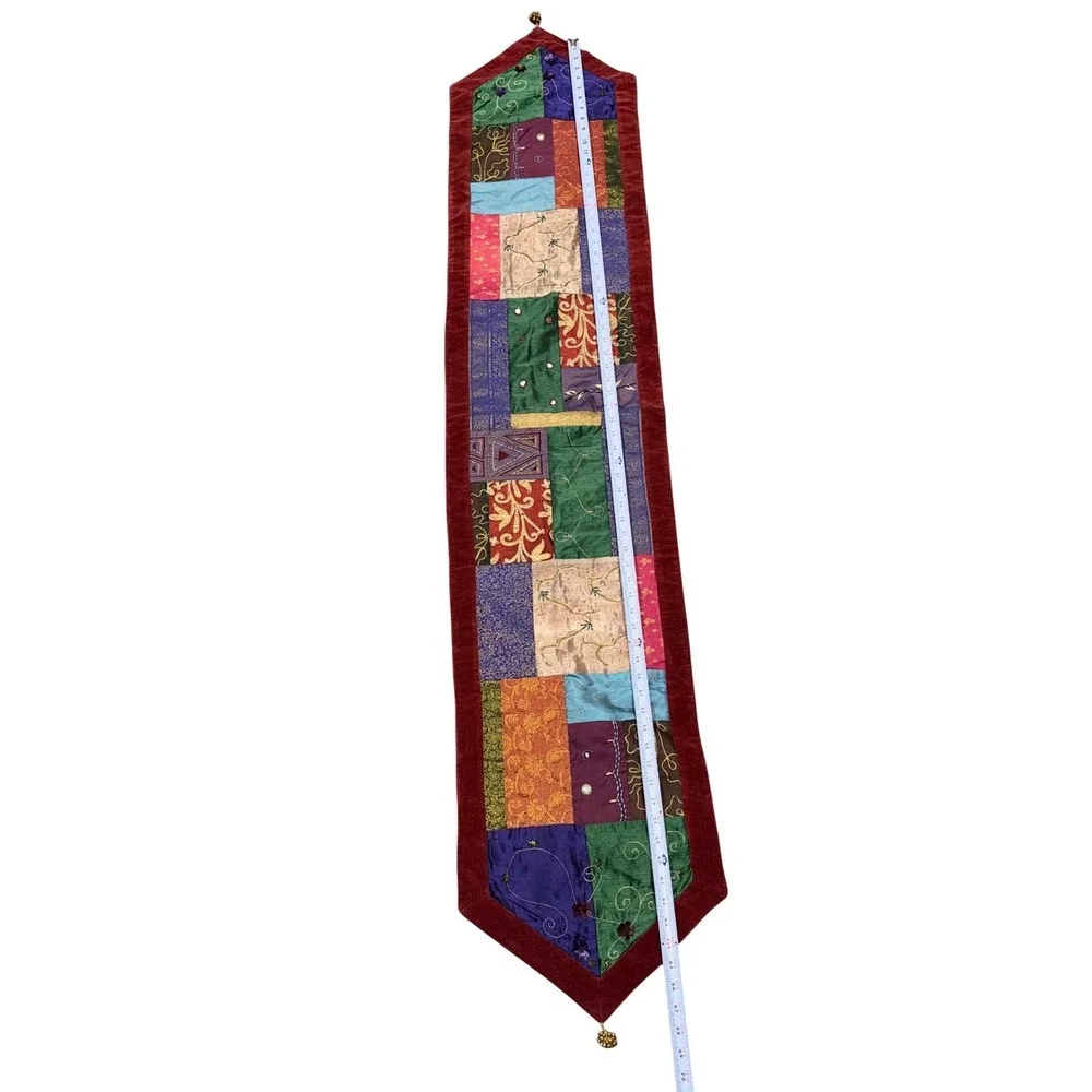 READ Vintage Pier 1 Imports Patchwork Beaded Table Runner 14x68 Boho Embroidery